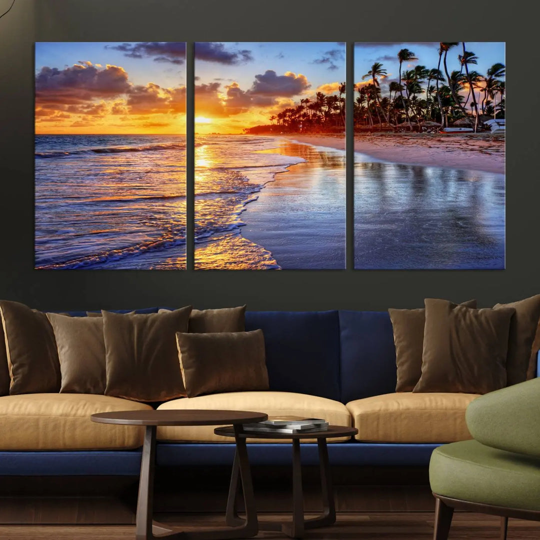 The dining area features a stunning Ocean Sunset Beach Canvas Print—a five-panel coastal wall art and tropical seascape triptych that beautifully captures the serene beauty of ocean waves set against a beach sunset scene.