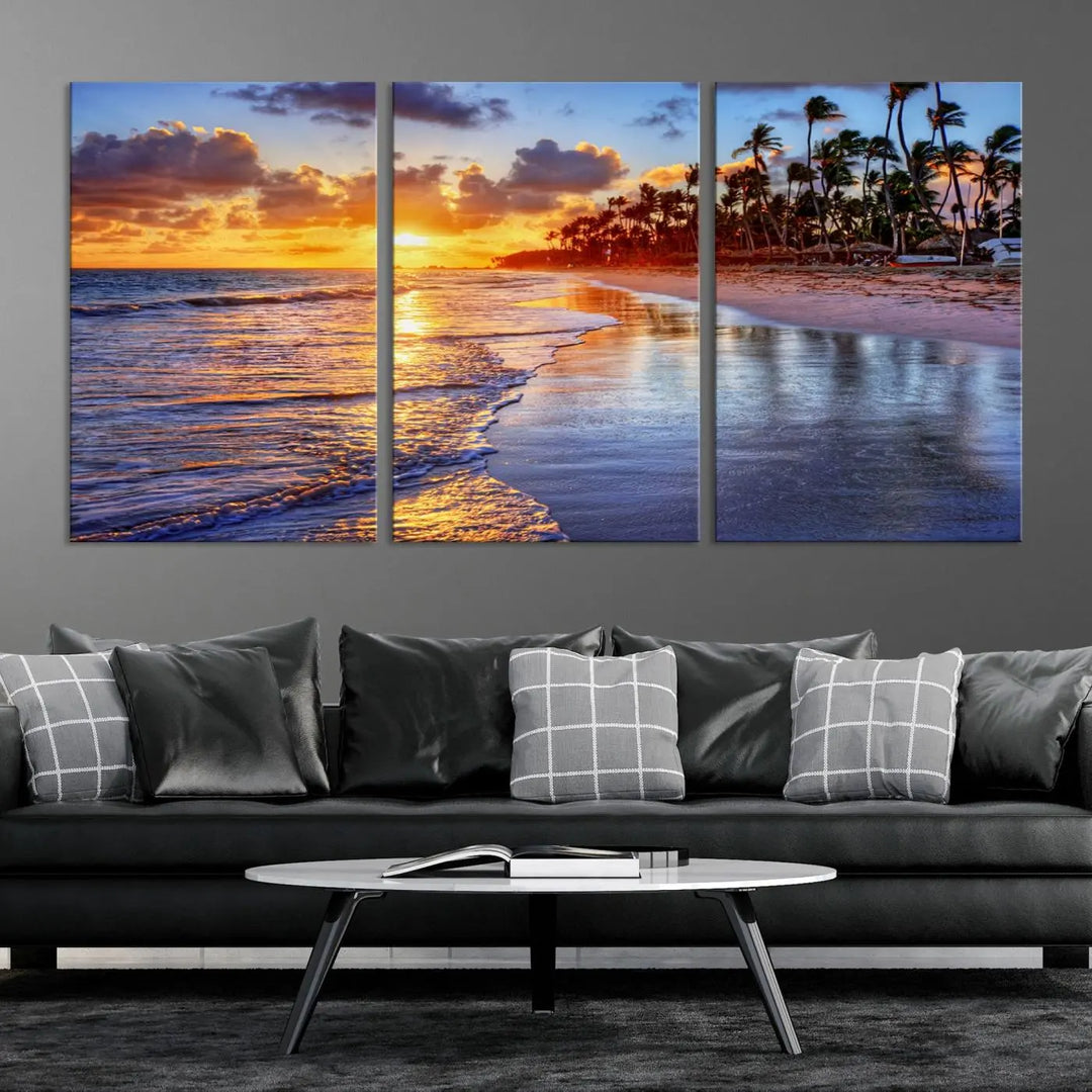 The dining area features a stunning Ocean Sunset Beach Canvas Print—a five-panel coastal wall art and tropical seascape triptych that beautifully captures the serene beauty of ocean waves set against a beach sunset scene.