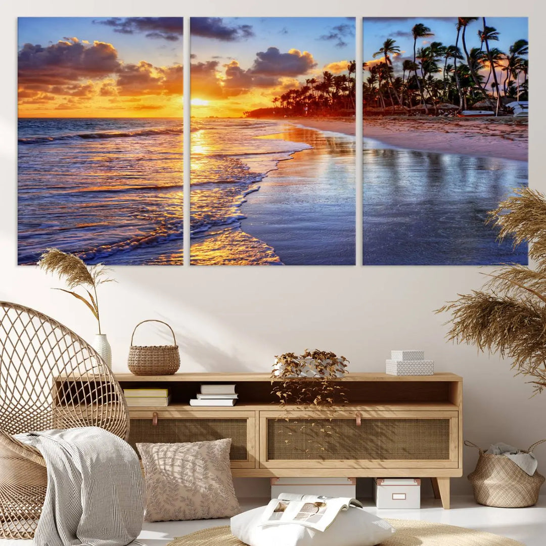 The dining area features a stunning Ocean Sunset Beach Canvas Print—a five-panel coastal wall art and tropical seascape triptych that beautifully captures the serene beauty of ocean waves set against a beach sunset scene.