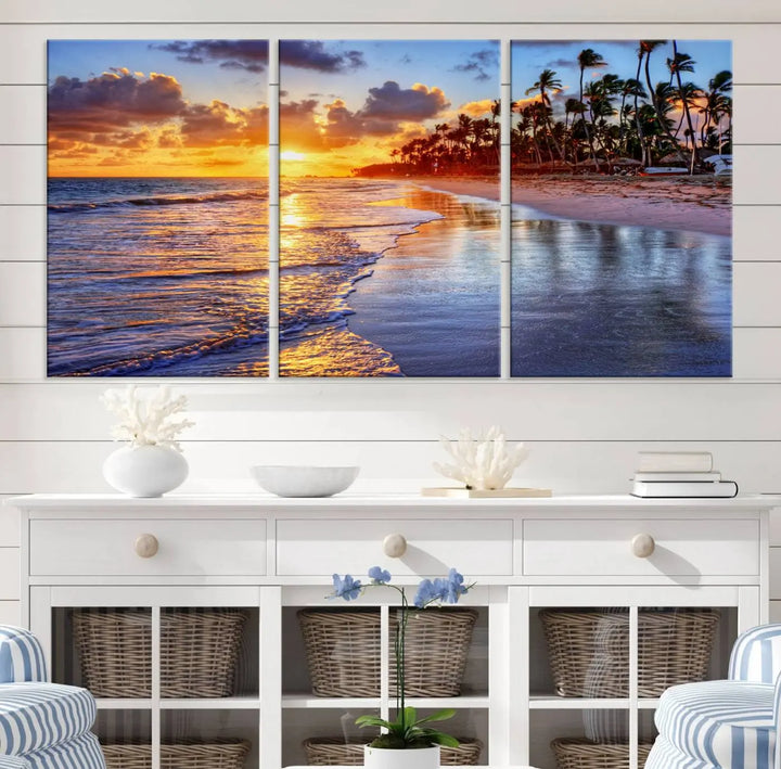 The dining area features a stunning Ocean Sunset Beach Canvas Print—a five-panel coastal wall art and tropical seascape triptych that beautifully captures the serene beauty of ocean waves set against a beach sunset scene.