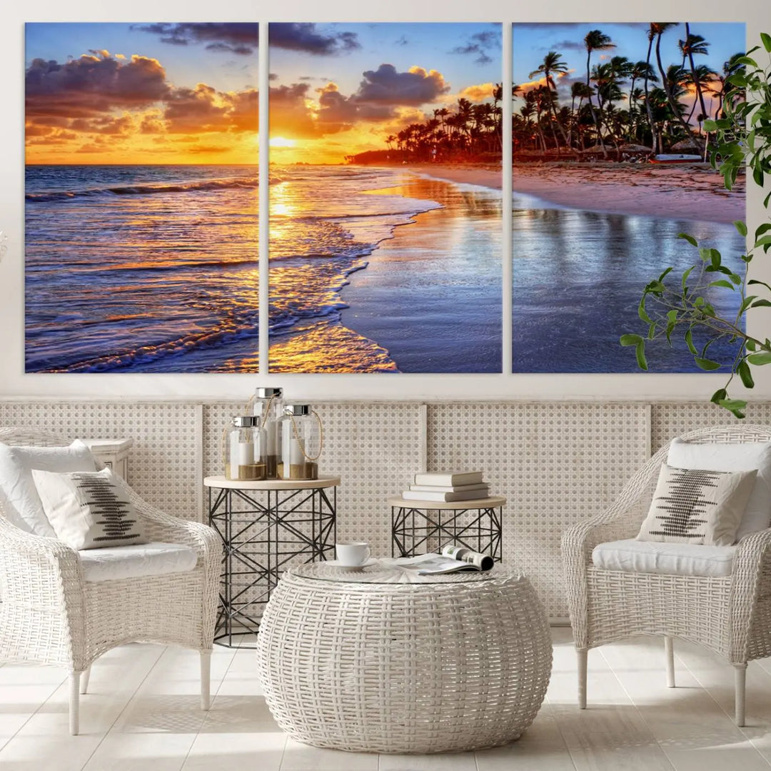 The dining area features a stunning Ocean Sunset Beach Canvas Print—a five-panel coastal wall art and tropical seascape triptych that beautifully captures the serene beauty of ocean waves set against a beach sunset scene.