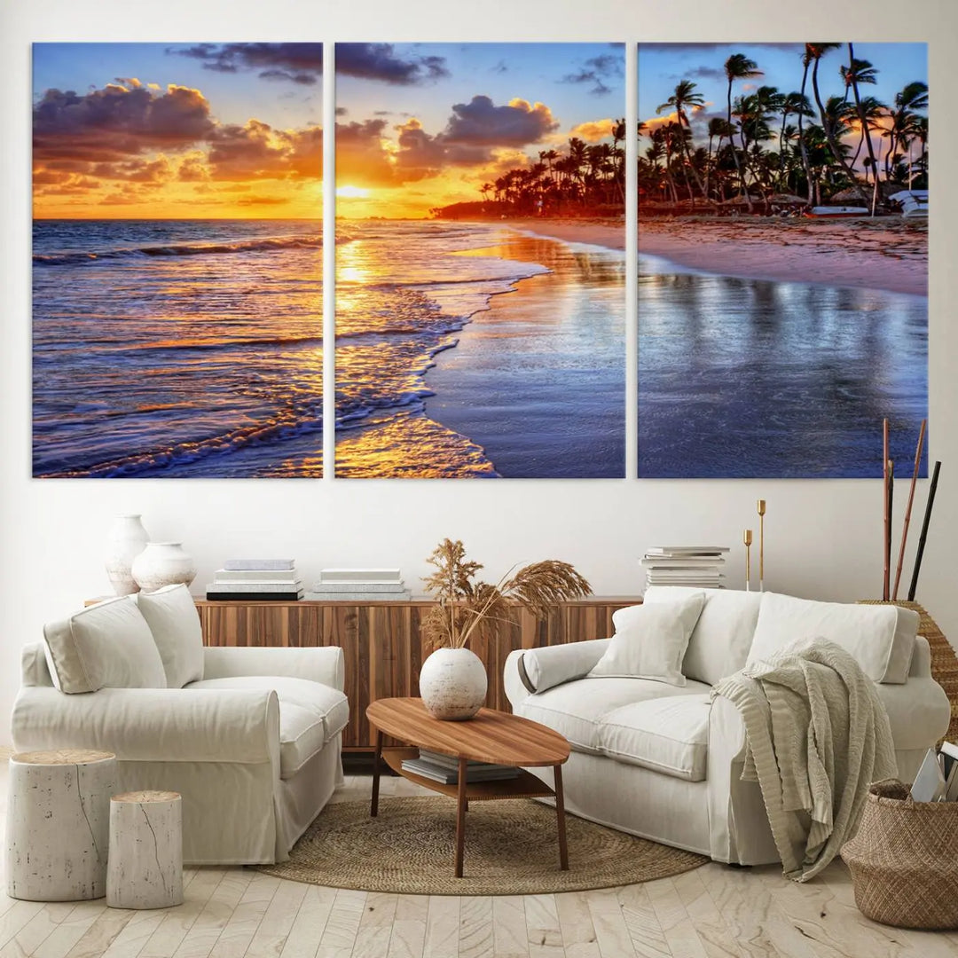 The dining area features a stunning Ocean Sunset Beach Canvas Print—a five-panel coastal wall art and tropical seascape triptych that beautifully captures the serene beauty of ocean waves set against a beach sunset scene.