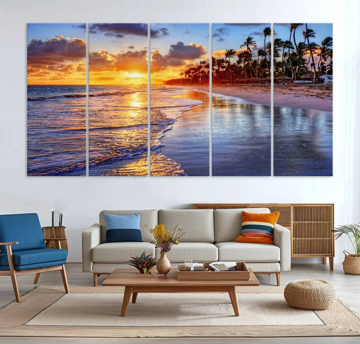 The dining area features a stunning Ocean Sunset Beach Canvas Print—a five-panel coastal wall art and tropical seascape triptych that beautifully captures the serene beauty of ocean waves set against a beach sunset scene.