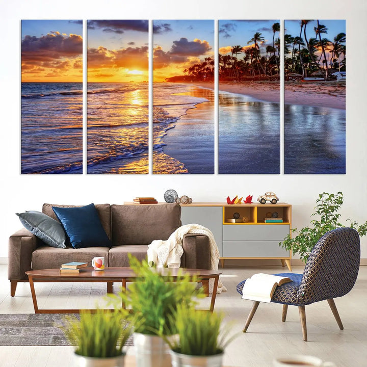 The dining area features a stunning Ocean Sunset Beach Canvas Print—a five-panel coastal wall art and tropical seascape triptych that beautifully captures the serene beauty of ocean waves set against a beach sunset scene.