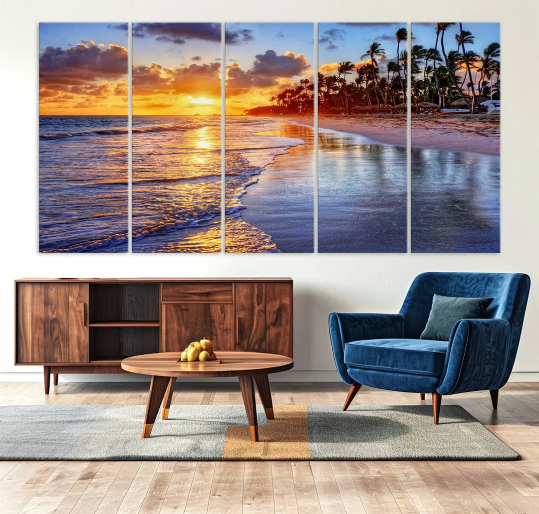 The dining area features a stunning Ocean Sunset Beach Canvas Print—a five-panel coastal wall art and tropical seascape triptych that beautifully captures the serene beauty of ocean waves set against a beach sunset scene.