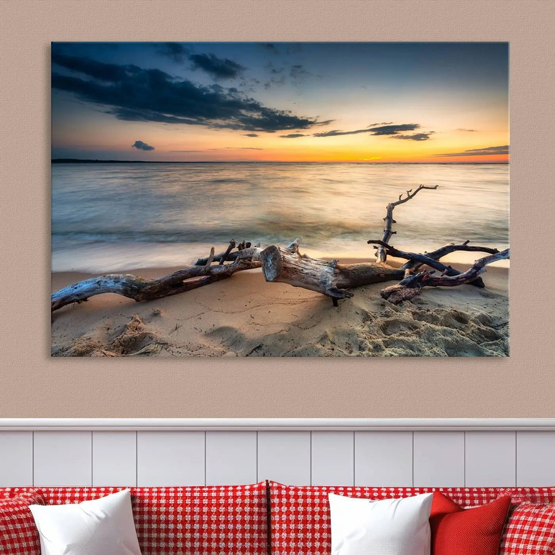 A captivating piece of Ocean Sunset Beach Wall Art Canvas Print, gallery wrapped, graces the gray wall.