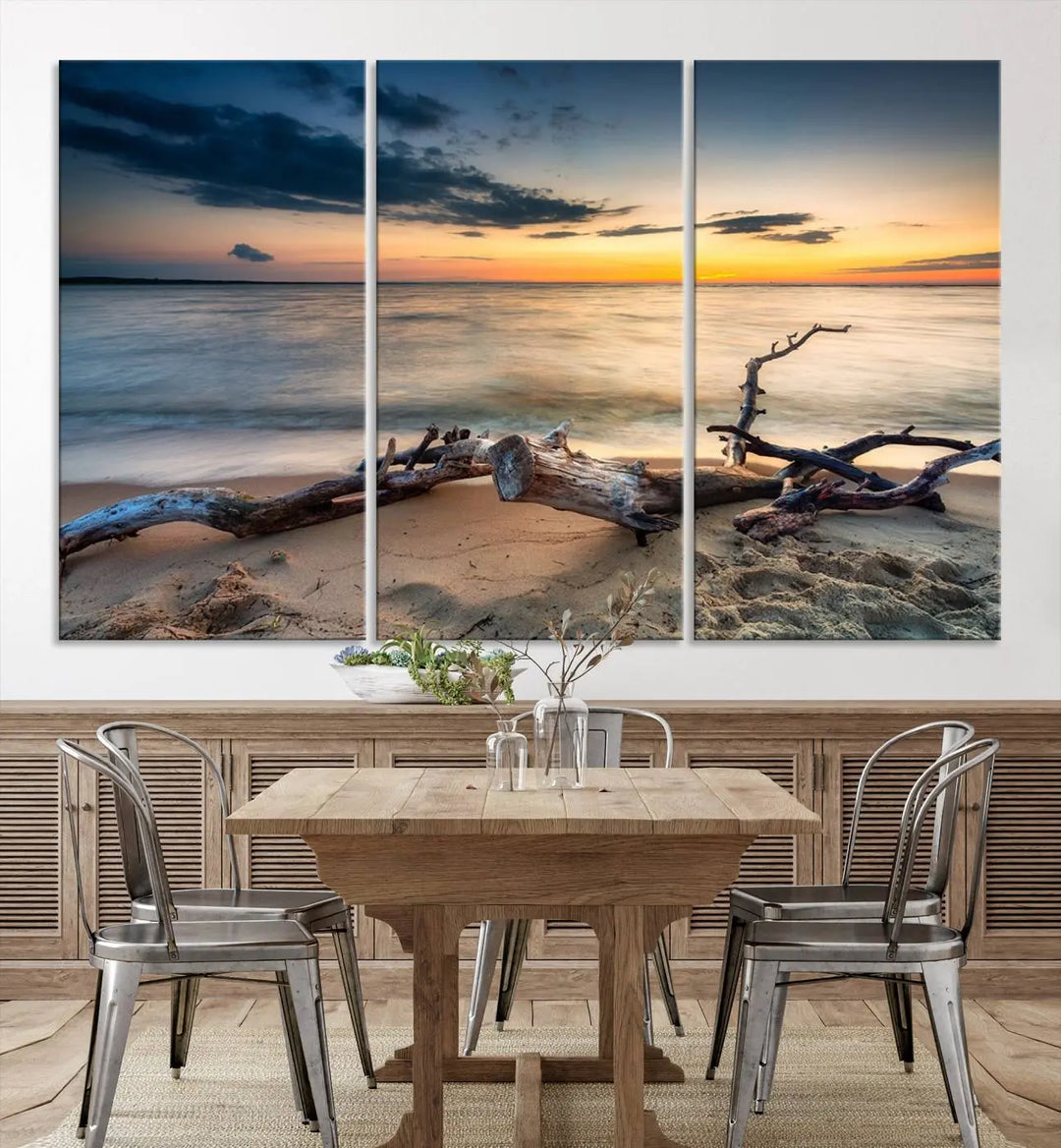 A captivating piece of Ocean Sunset Beach Wall Art Canvas Print, gallery wrapped, graces the gray wall.