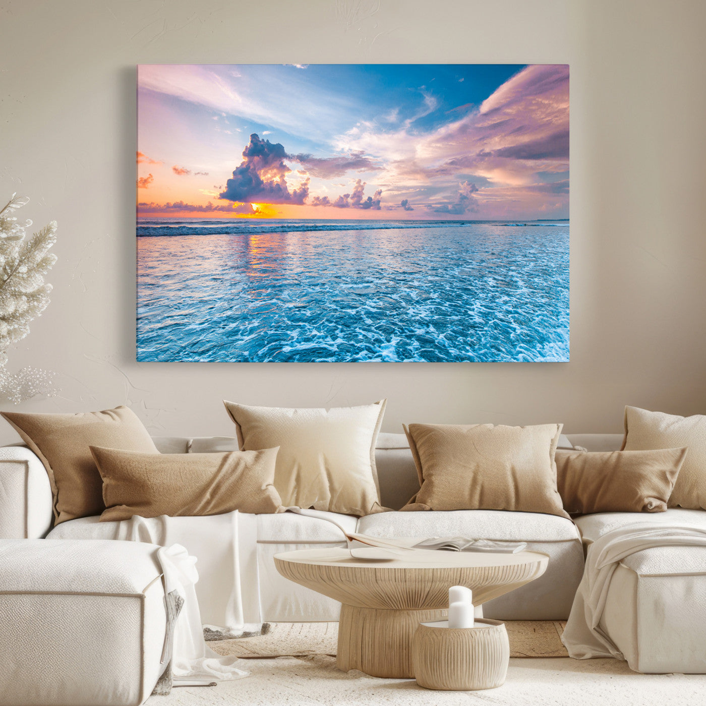 36641-MGV-CV-36X24-Ocean Sunset Canvas Wall Art Print - Tranquil Seascape with Vibrant Sky and Rolling Waves Canvas Print - Coastal Wall Decor for Home or
