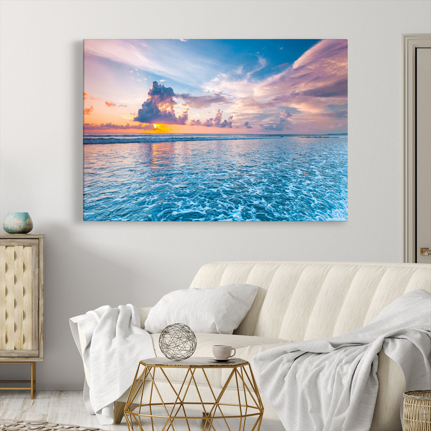 36641-MGV-CV-36X24-Ocean Sunset Canvas Wall Art Print - Tranquil Seascape with Vibrant Sky and Rolling Waves Canvas Print - Coastal Wall Decor for Home or