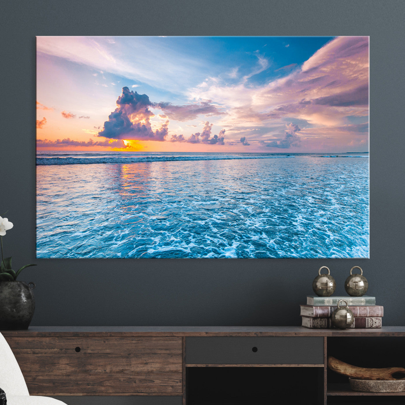 36641-MGV-CV-36X24-Ocean Sunset Canvas Wall Art Print - Tranquil Seascape with Vibrant Sky and Rolling Waves Canvas Print - Coastal Wall Decor for Home or