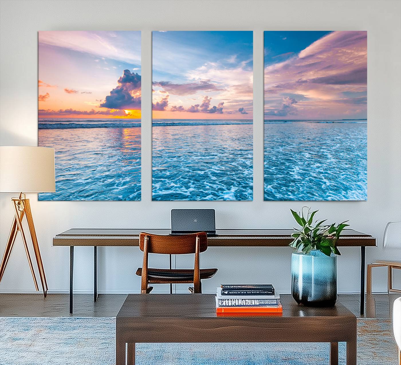 36641-MGV-CV-48X32-3P-Ocean Sunset Canvas Wall Art Print - Tranquil Seascape with Vibrant Sky and Rolling Waves Canvas Print - Coastal Wall Decor for Home or