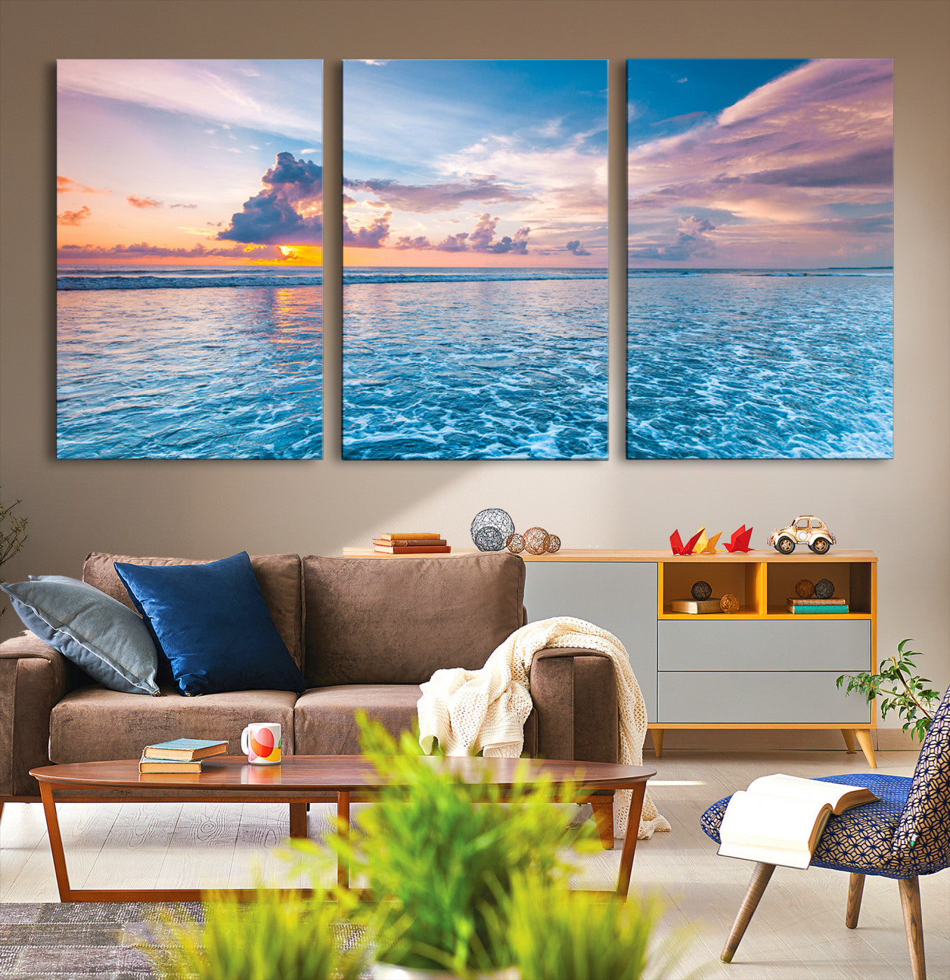 36641-MGV-CV-60X30-3P-Ocean Sunset Canvas Wall Art Print - Tranquil Seascape with Vibrant Sky and Rolling Waves Canvas Print - Coastal Wall Decor for Home or
