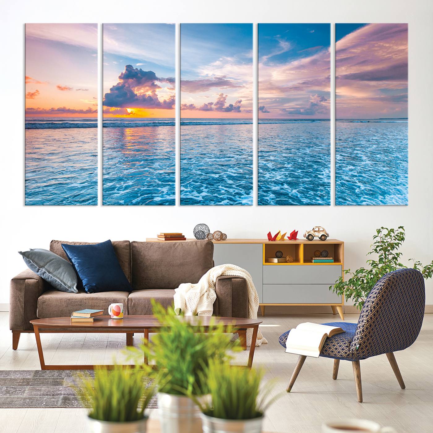 36641-MGV-CV-60X31-5P-Ocean Sunset Canvas Wall Art Print - Tranquil Seascape with Vibrant Sky and Rolling Waves Canvas Print - Coastal Wall Decor for Home or