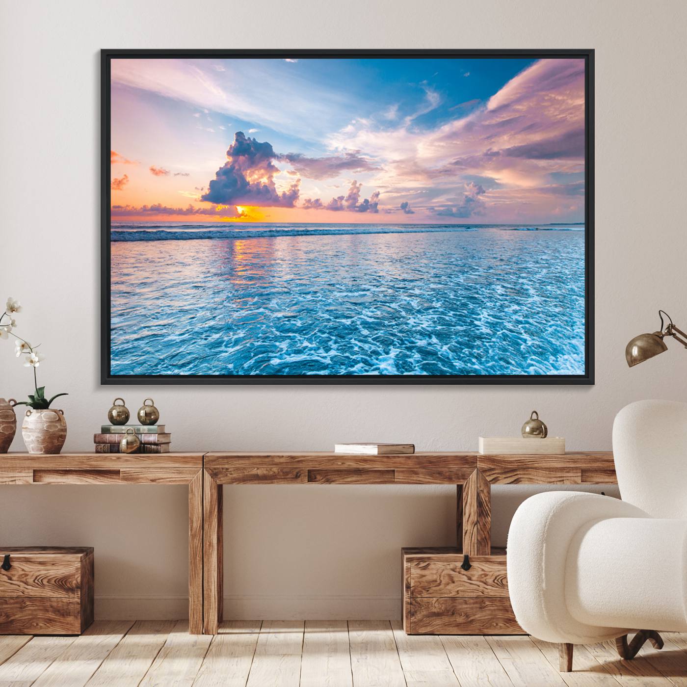 36641-MGV-FC-36X24_Black-Ocean Sunset Canvas Wall Art Print - Tranquil Seascape with Vibrant Sky and Rolling Waves Canvas Print - Coastal Wall Decor for Home or