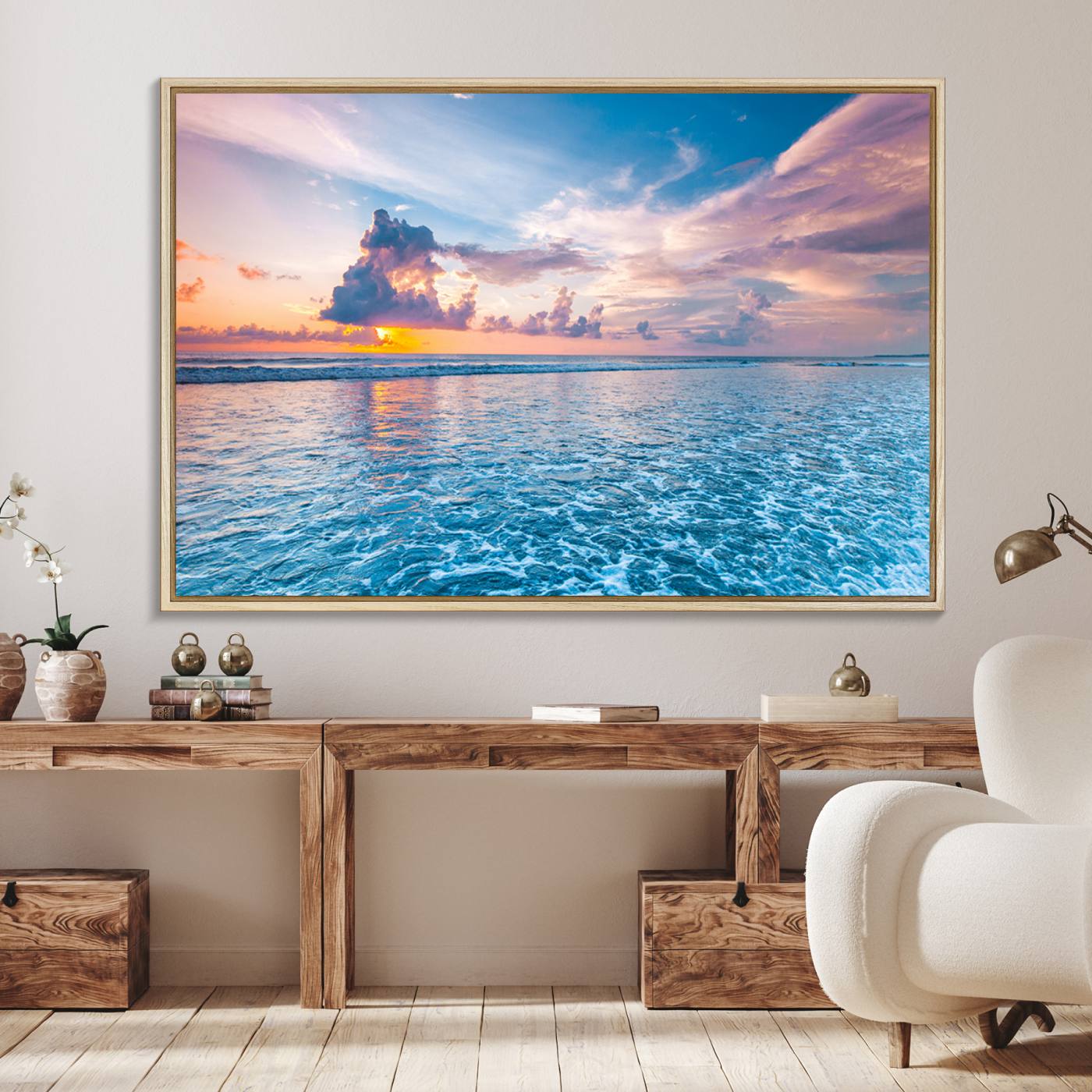 36641-MGV-FC-36X24_Natural-Ocean Sunset Canvas Wall Art Print - Tranquil Seascape with Vibrant Sky and Rolling Waves Canvas Print - Coastal Wall Decor for Home or