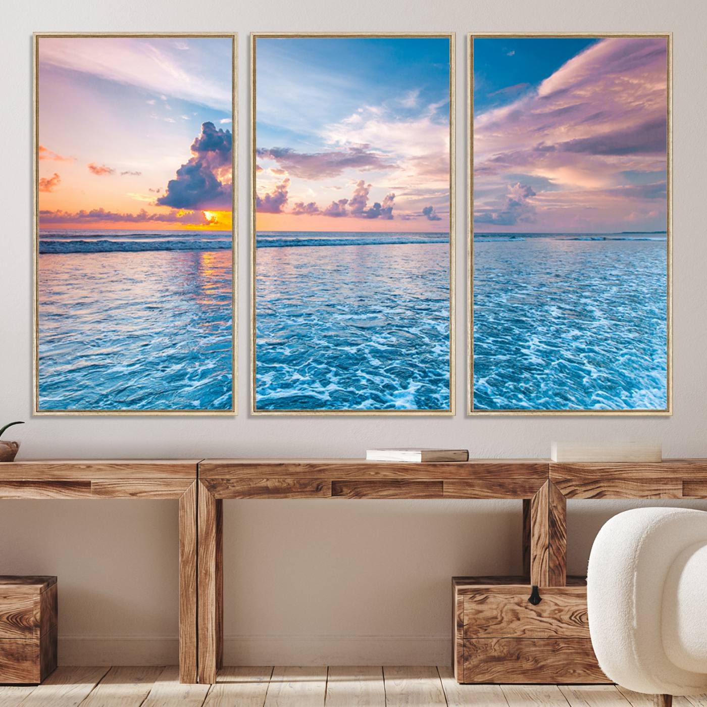 36641-MGV-FC-48X32-3P_Natural-Ocean Sunset Canvas Wall Art Print - Tranquil Seascape with Vibrant Sky and Rolling Waves Canvas Print - Coastal Wall Decor for Home or