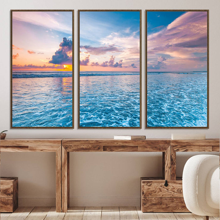 36641-MGV-FC-48X32-3P_Walnut-Ocean Sunset Canvas Wall Art Print - Tranquil Seascape with Vibrant Sky and Rolling Waves Canvas Print - Coastal Wall Decor for Home or