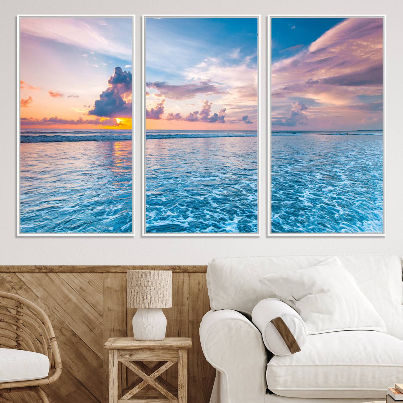 36641-MGV-FC-48X32-3P_White-Ocean Sunset Canvas Wall Art Print - Tranquil Seascape with Vibrant Sky and Rolling Waves Canvas Print - Coastal Wall Decor for Home or