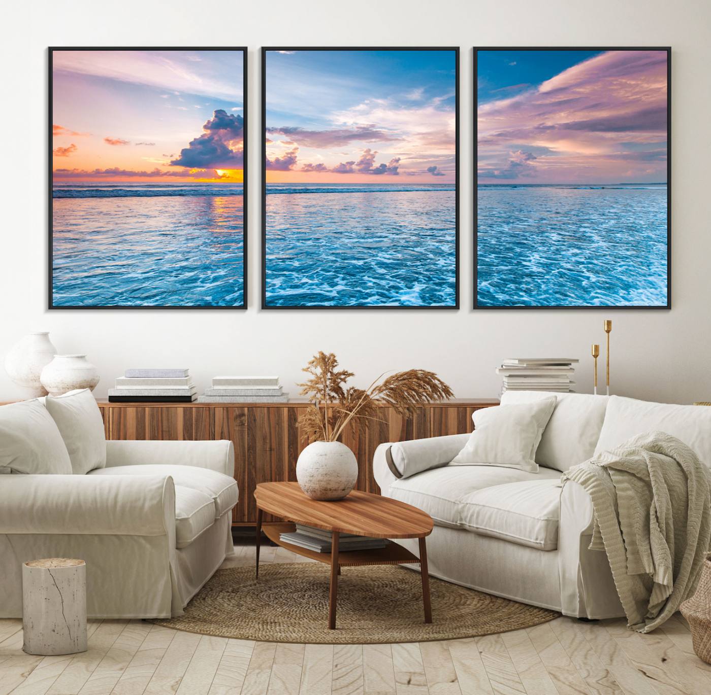 36641-MGV-FC-60X30-3P_Black-Ocean Sunset Canvas Wall Art Print - Tranquil Seascape with Vibrant Sky and Rolling Waves Canvas Print - Coastal Wall Decor for Home or