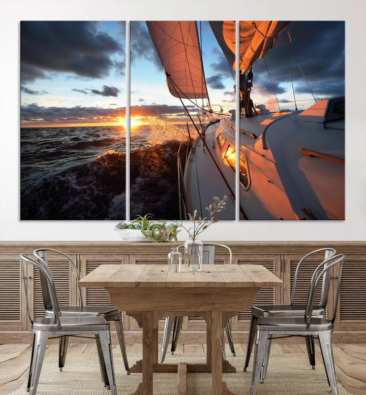 The modern living room is adorned with the Ocean Sunset Sailboat Wall Art, a triptych crafted on museum-quality canvas featuring UV-protective coating for lasting vibrancy.