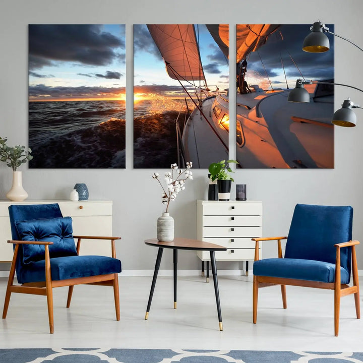 The modern living room is adorned with the Ocean Sunset Sailboat Wall Art, a triptych crafted on museum-quality canvas featuring UV-protective coating for lasting vibrancy.