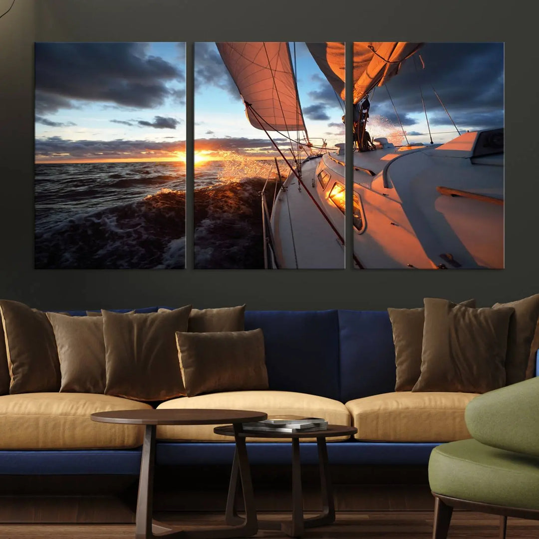 The modern living room is adorned with the Ocean Sunset Sailboat Wall Art, a triptych crafted on museum-quality canvas featuring UV-protective coating for lasting vibrancy.