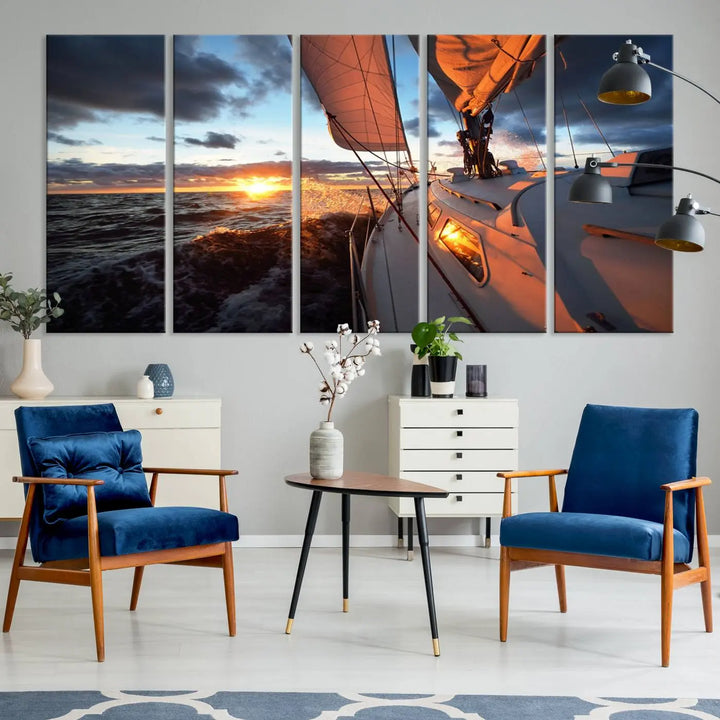 The modern living room is adorned with the Ocean Sunset Sailboat Wall Art, a triptych crafted on museum-quality canvas featuring UV-protective coating for lasting vibrancy.