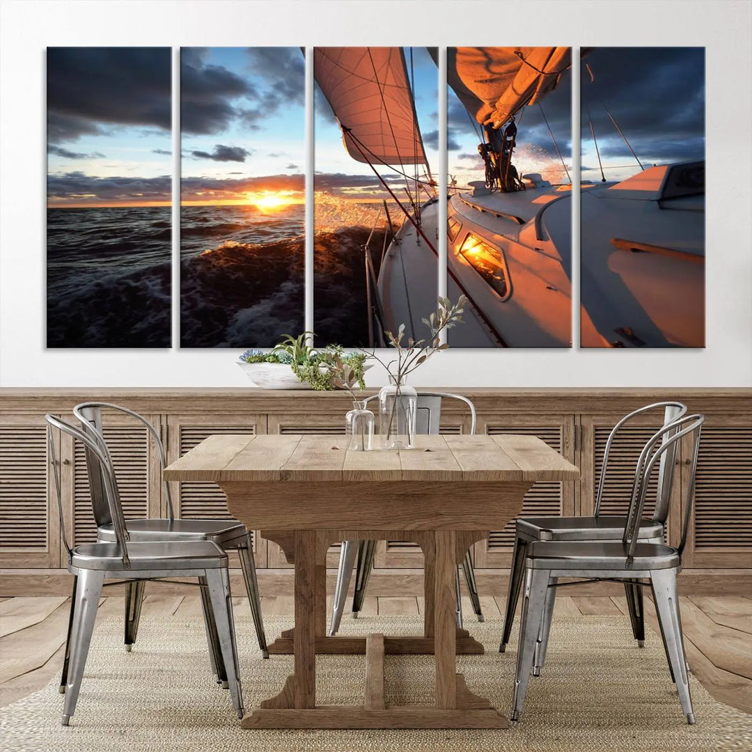 The modern living room is adorned with the Ocean Sunset Sailboat Wall Art, a triptych crafted on museum-quality canvas featuring UV-protective coating for lasting vibrancy.