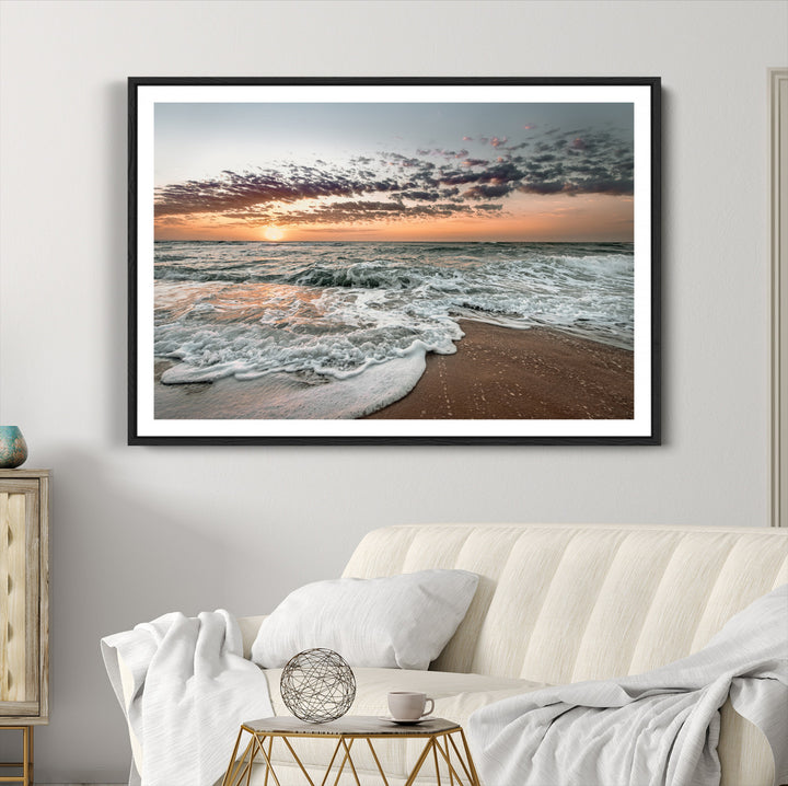 40632752-MGC-FP-36x24_Black-Ocean Sunset Wall Art Canvas Print, Beach Waves Print, Framed Coastal Scene Art Print, Large Seascape Printing Perfect for Coastal Decor