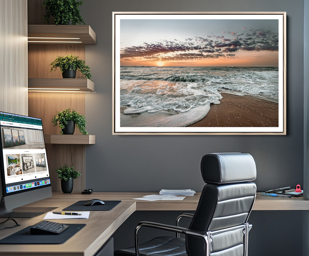 40632752-MGC-FP-36x24_Natural-Ocean Sunset Wall Art Canvas Print, Beach Waves Print, Framed Coastal Scene Art Print, Large Seascape Printing Perfect for Coastal Decor