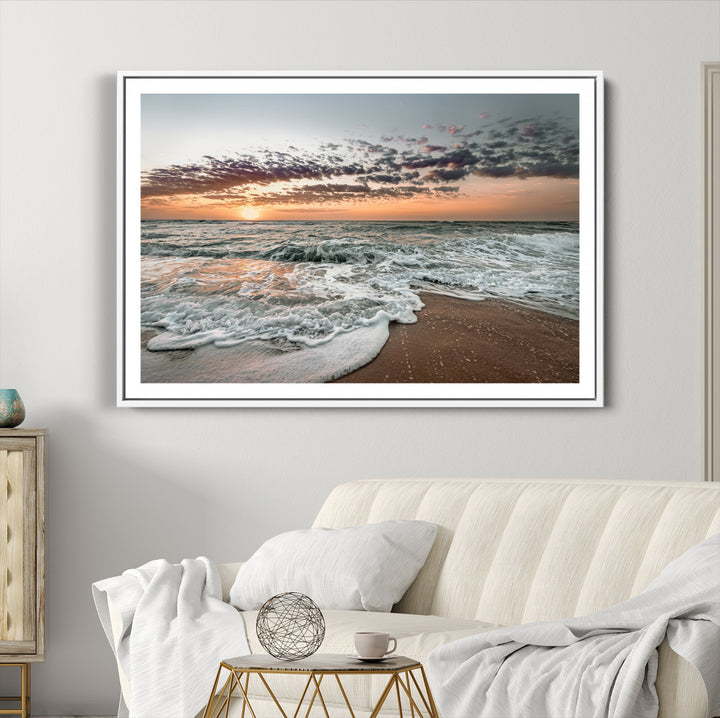 40632752-MGC-FP-36x24_White-Ocean Sunset Wall Art Canvas Print, Beach Waves Print, Framed Coastal Scene Art Print, Large Seascape Printing Perfect for Coastal Decor