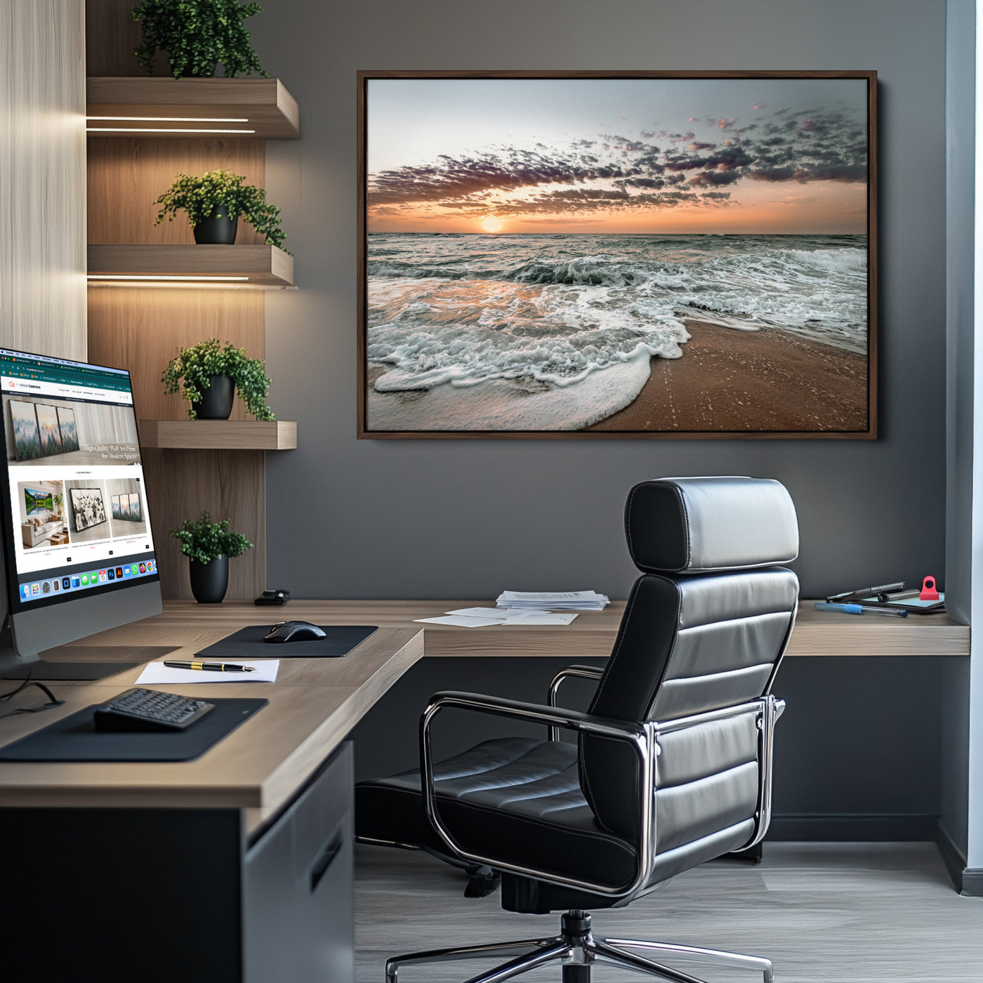 40632752-MGV-CV-36X24-Ocean Sunset Wall Art Canvas Print, Beach Waves Print, Framed Coastal Scene Art Print, Large Seascape Printing Perfect for Coastal Decor