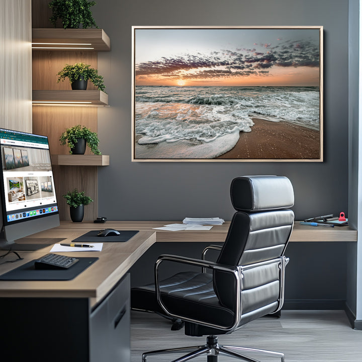 Ocean Sunset Wall Art Canvas Print, Beach Waves Print, Framed Coastal Scene Art Print, Large Seascape Printing Perfect for Coastal Decor