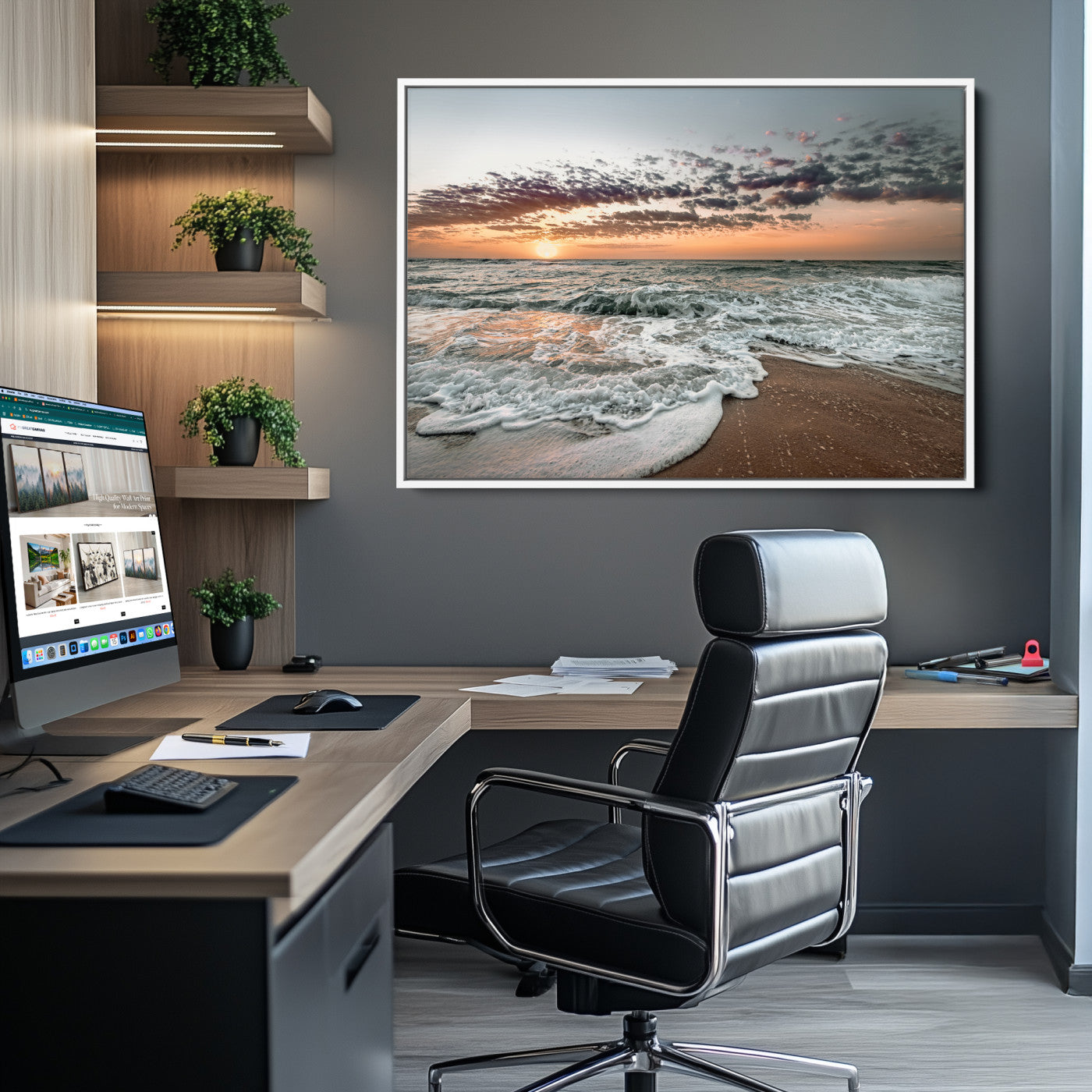 40632752-MGV-CV-36X24-Ocean Sunset Wall Art Canvas Print, Beach Waves Print, Framed Coastal Scene Art Print, Large Seascape Printing Perfect for Coastal Decor