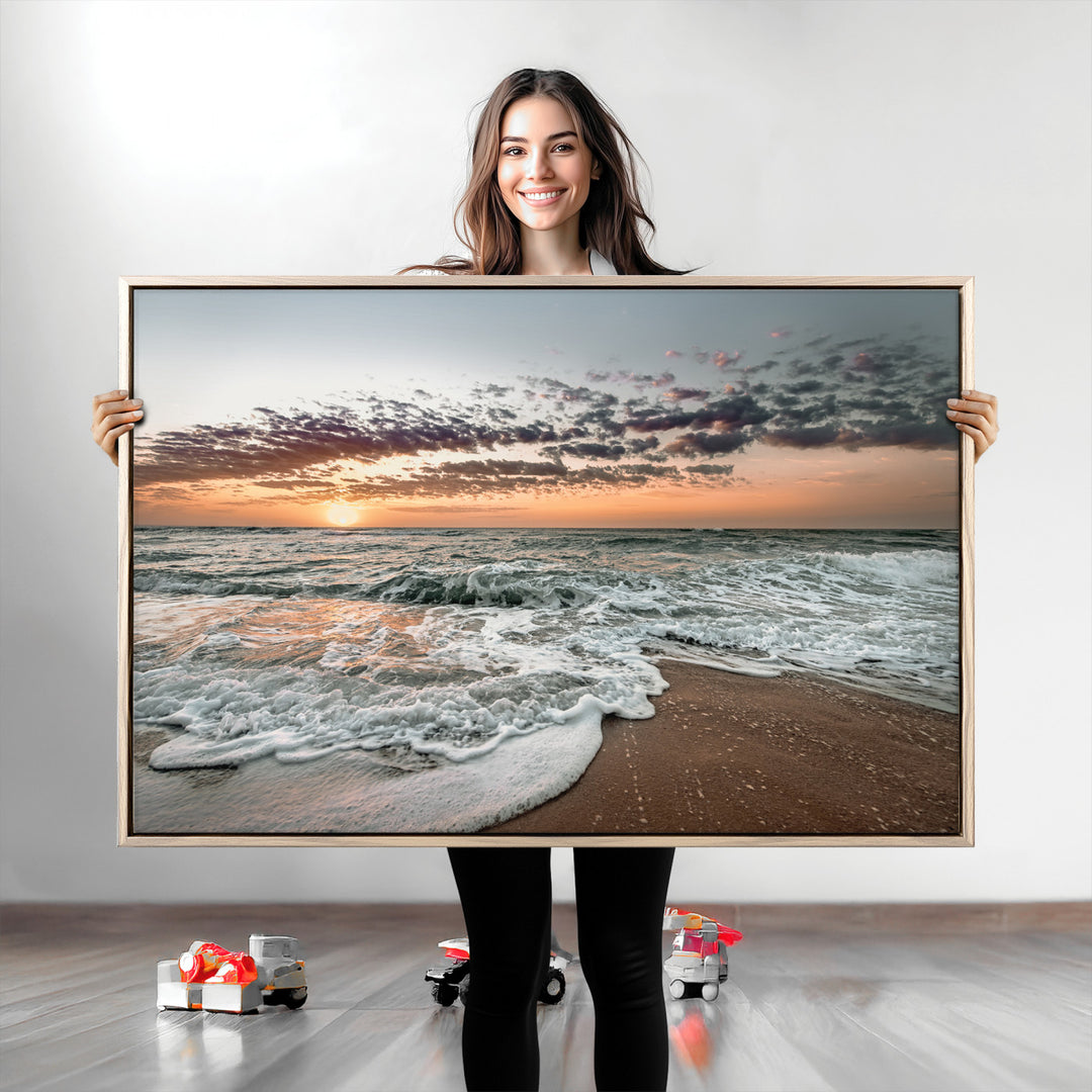 Ocean Sunset Wall Art Canvas Print, Beach Waves Print, Framed Coastal Scene Art Print, Large Seascape Printing Perfect for Coastal Decor