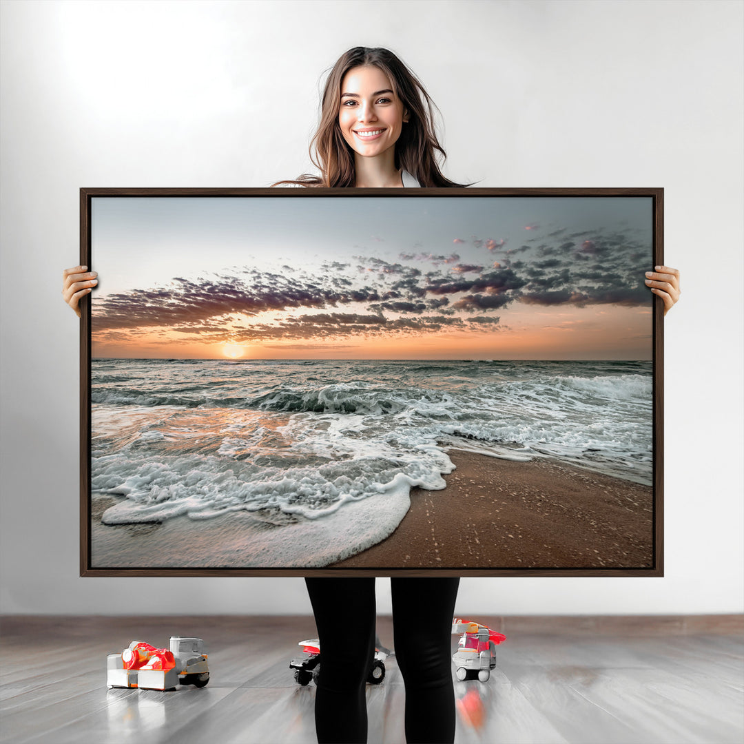 Ocean Sunset Wall Art Canvas Print, Beach Waves Print, Framed Coastal Scene Art Print, Large Seascape Printing Perfect for Coastal Decor