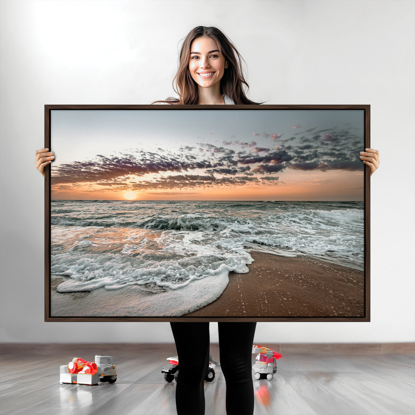 40632752-MGV-CV-36X24-Ocean Sunset Wall Art Canvas Print, Beach Waves Print, Framed Coastal Scene Art Print, Large Seascape Printing Perfect for Coastal Decor