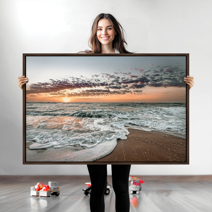 Ocean Sunset Wall Art Canvas Print, Beach Waves Print, Framed Coastal Scene Art Print, Large Seascape Printing Perfect for Coastal Decor