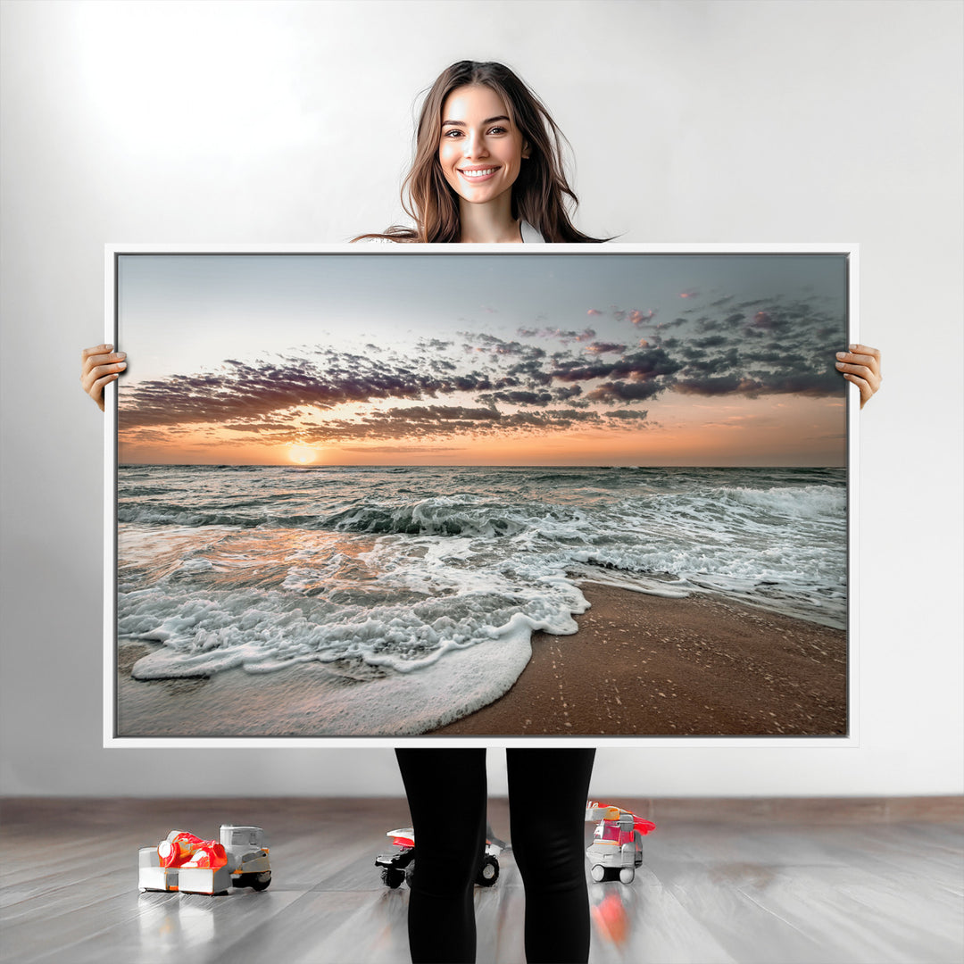 Ocean Sunset Wall Art Canvas Print, Beach Waves Print, Framed Coastal Scene Art Print, Large Seascape Printing Perfect for Coastal Decor