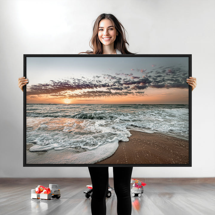 Ocean Sunset Wall Art Canvas Print, Beach Waves Print, Framed Coastal Scene Art Print, Large Seascape Printing Perfect for Coastal Decor