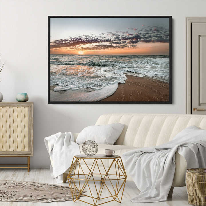Ocean Sunset Wall Art Canvas Print, Beach Waves Print, Framed Coastal Scene Art Print, Large Seascape Printing Perfect for Coastal Decor