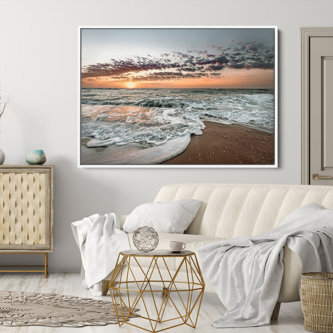 Ocean Sunset Wall Art Canvas Print, Beach Waves Print, Framed Coastal Scene Art Print, Large Seascape Printing Perfect for Coastal Decor
