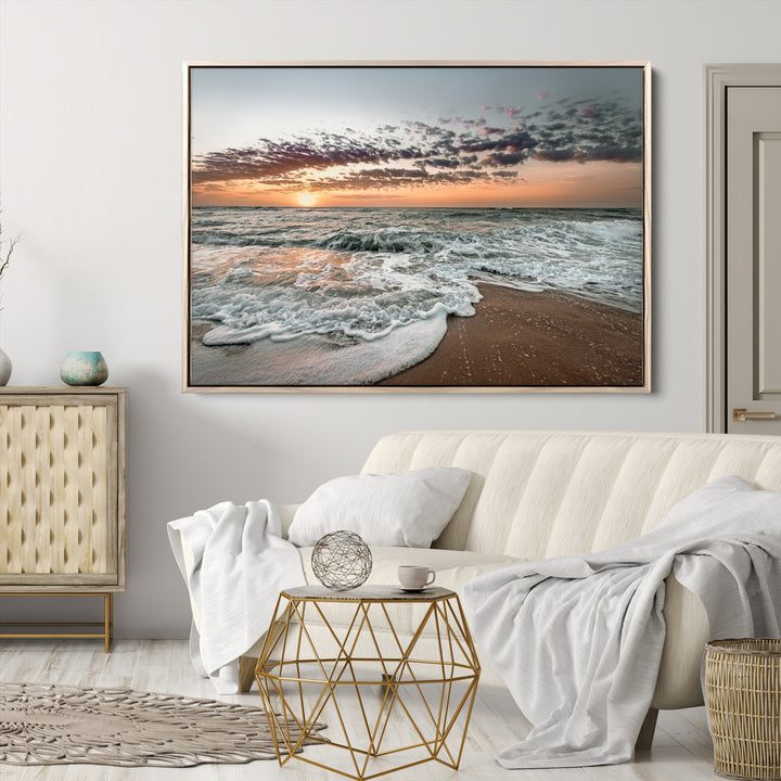 Ocean Sunset Wall Art Canvas Print, Beach Waves Print, Framed Coastal Scene Art Print, Large Seascape Printing Perfect for Coastal Decor