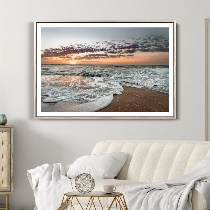 40632752-MGV-CV-36X24-Ocean Sunset Wall Art Canvas Print, Beach Waves Print, Framed Coastal Scene Art Print, Large Seascape Printing Perfect for Coastal Decor