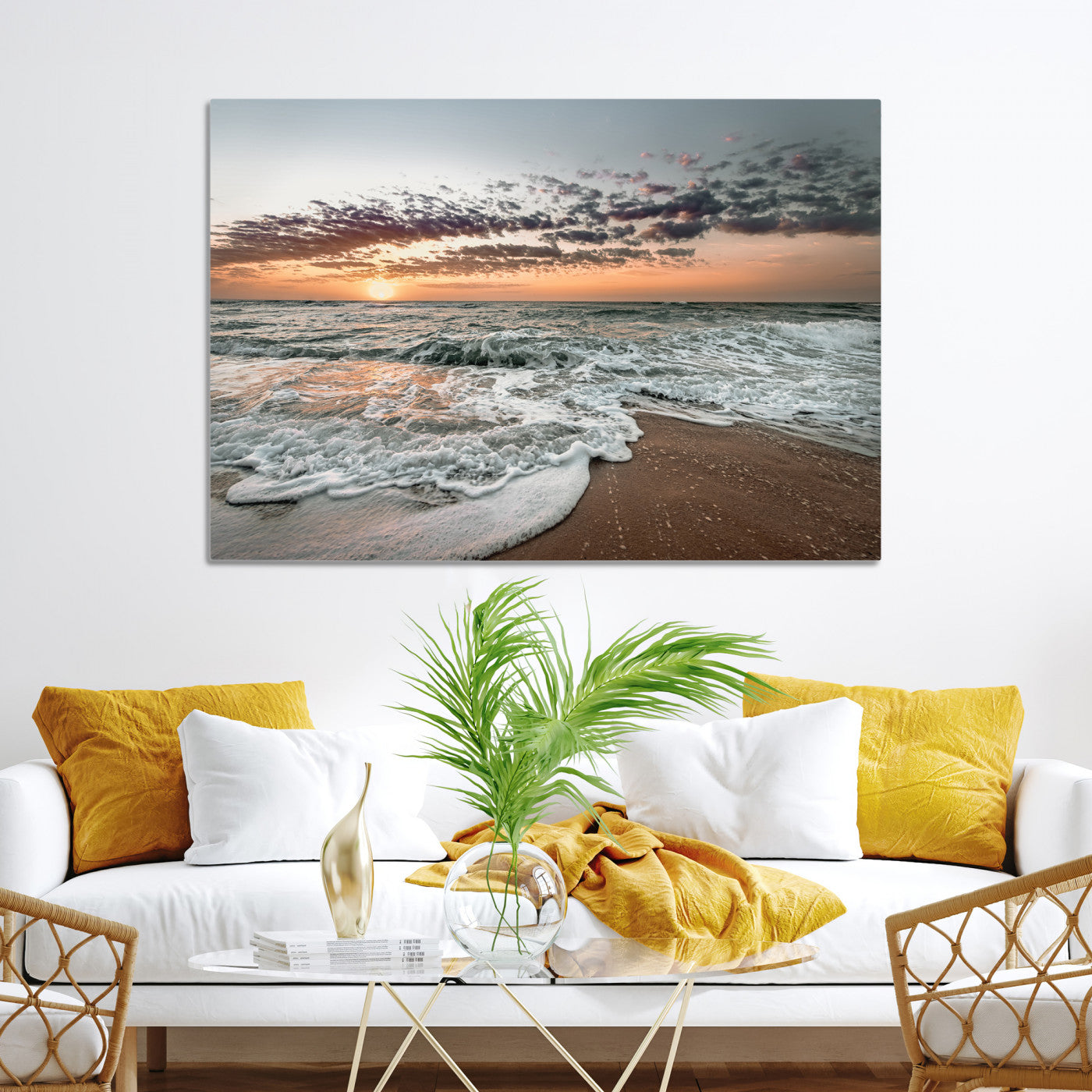 40632752-MGV-CV-36X24-Ocean Sunset Wall Art Canvas Print, Beach Waves Print, Framed Coastal Scene Art Print, Large Seascape Printing Perfect for Coastal Decor