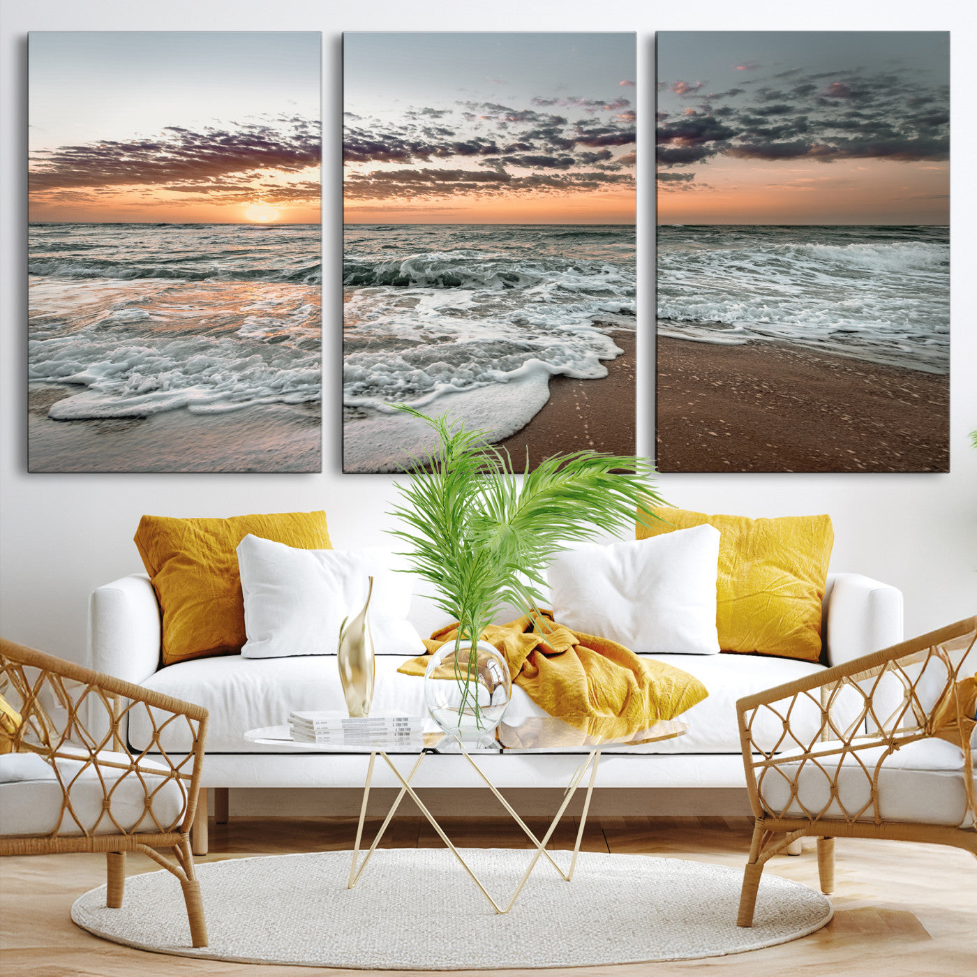 40632752-MGV-CV-36X24-Ocean Sunset Wall Art Canvas Print, Beach Waves Print, Framed Coastal Scene Art Print, Large Seascape Printing Perfect for Coastal Decor