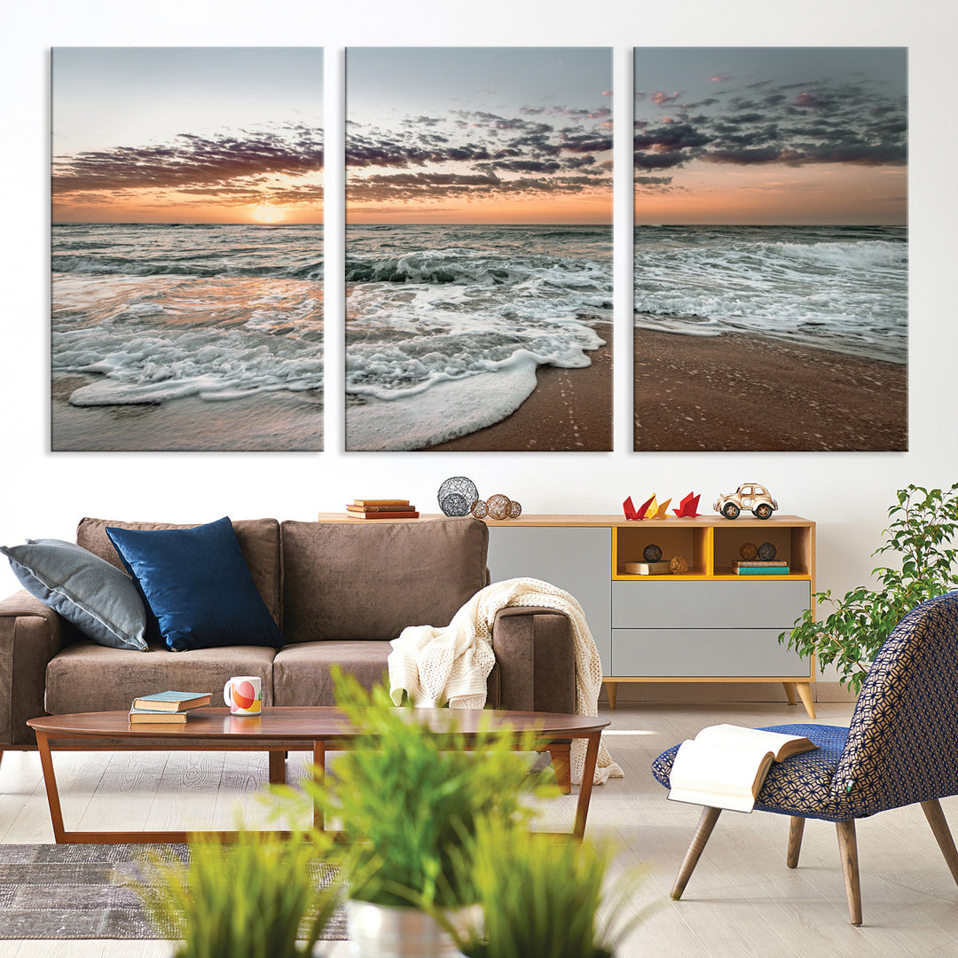 40632752-MGV-CV-36X24-Ocean Sunset Wall Art Canvas Print, Beach Waves Print, Framed Coastal Scene Art Print, Large Seascape Printing Perfect for Coastal Decor