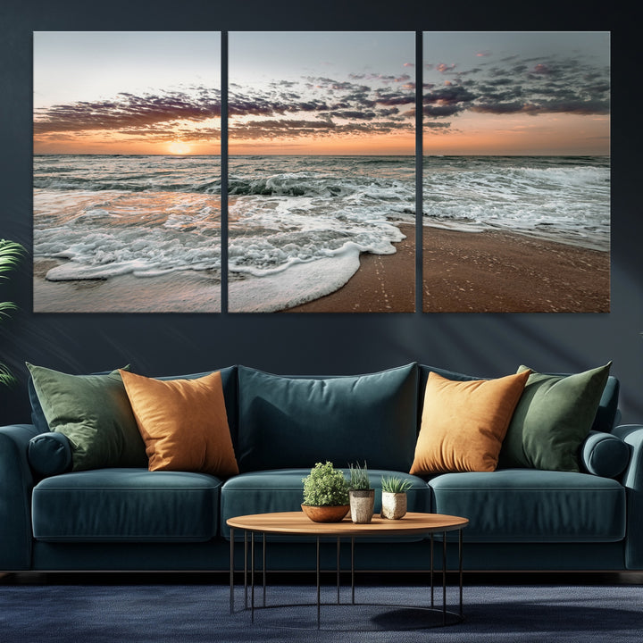 40632752-MGV-CV-36X24-Ocean Sunset Wall Art Canvas Print, Beach Waves Print, Framed Coastal Scene Art Print, Large Seascape Printing Perfect for Coastal Decor