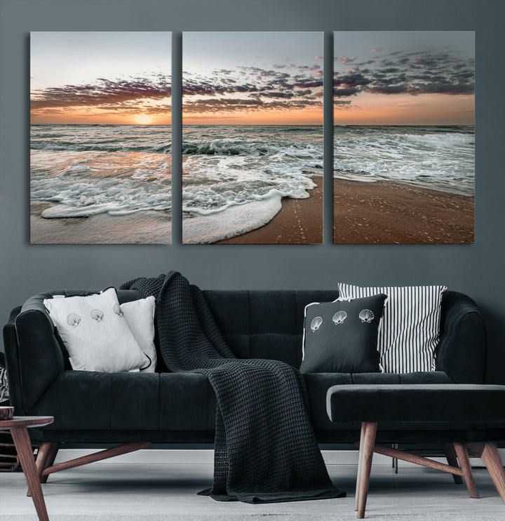 40632752-MGV-CV-36X24-Ocean Sunset Wall Art Canvas Print, Beach Waves Print, Framed Coastal Scene Art Print, Large Seascape Printing Perfect for Coastal Decor
