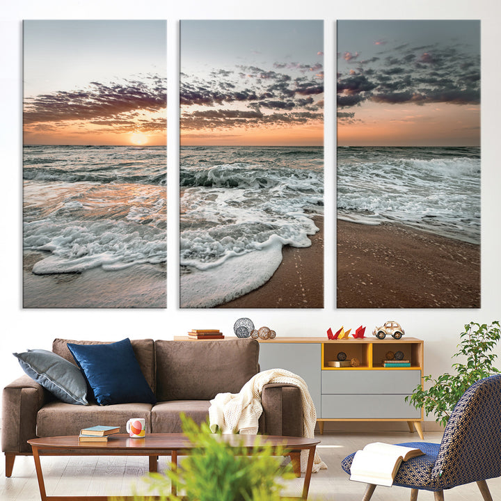 40632752-MGV-CV-36X24-Ocean Sunset Wall Art Canvas Print, Beach Waves Print, Framed Coastal Scene Art Print, Large Seascape Printing Perfect for Coastal Decor